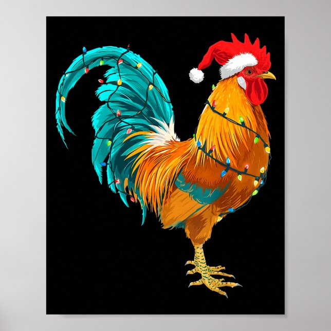 Poster Funny Rooster Chicken Santa Christmas Lights Farme (Devant)