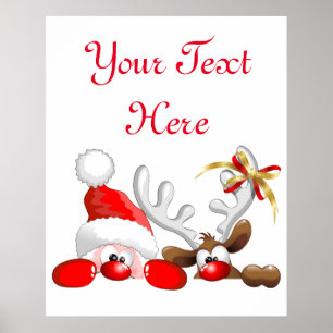 Poster Funny Santa and Reindeer Cartoon    