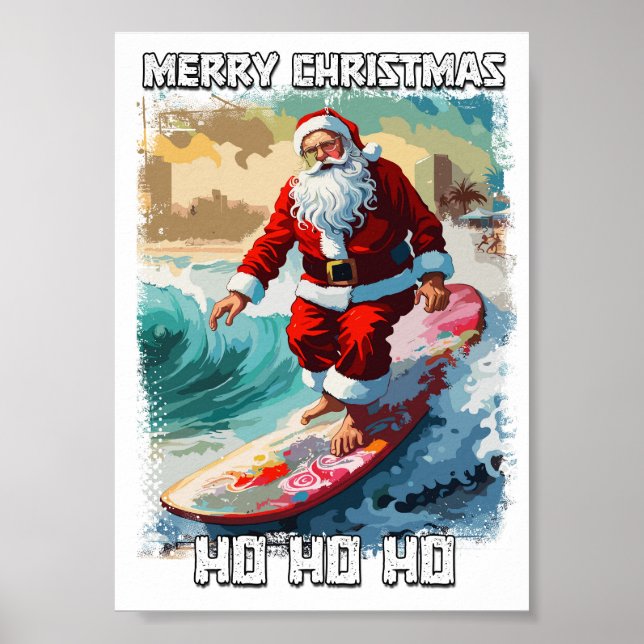 Poster Funny Santa Claus surfer dans le pop art d'été (Devant)