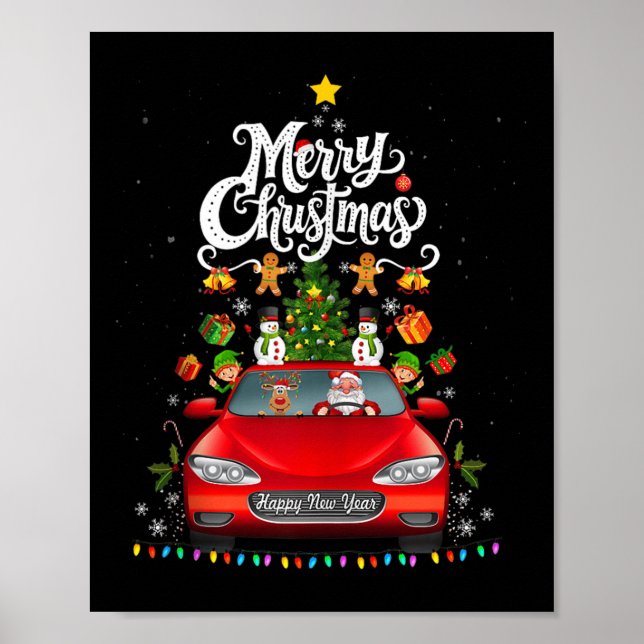 Poster Funny Santa Driving Wagon Red Truck Christmas Tree (Devant)