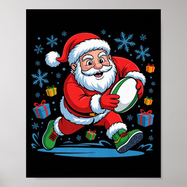 Poster Funny Santa Playing Rugby Holiday Christmas Xmas P (Devant)