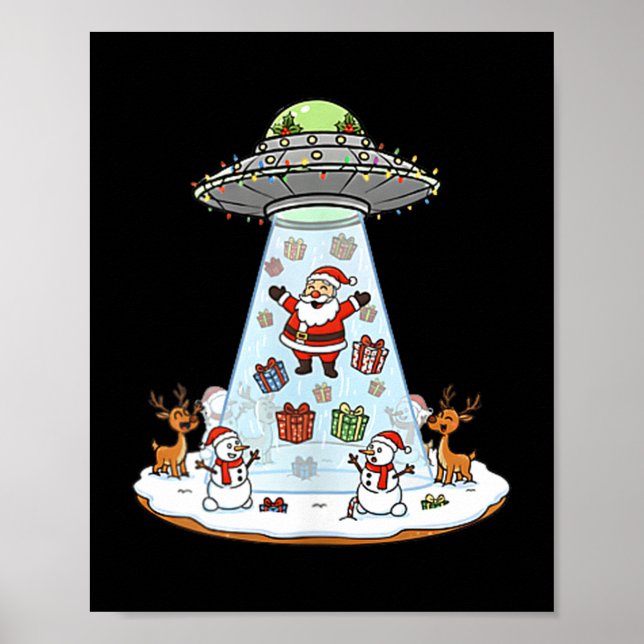 Poster Funny Santa Ufo Delivery Happy Reindeer Snowman Ch (Devant)