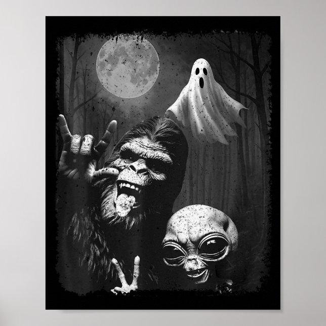 Poster Funny Sasquatch &amp; Alien Rock On Hand Sign Ghos (Devant)