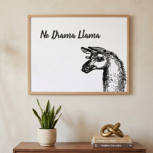 Poster Funny Sassy No Drama Llama Dessin noir et blanc