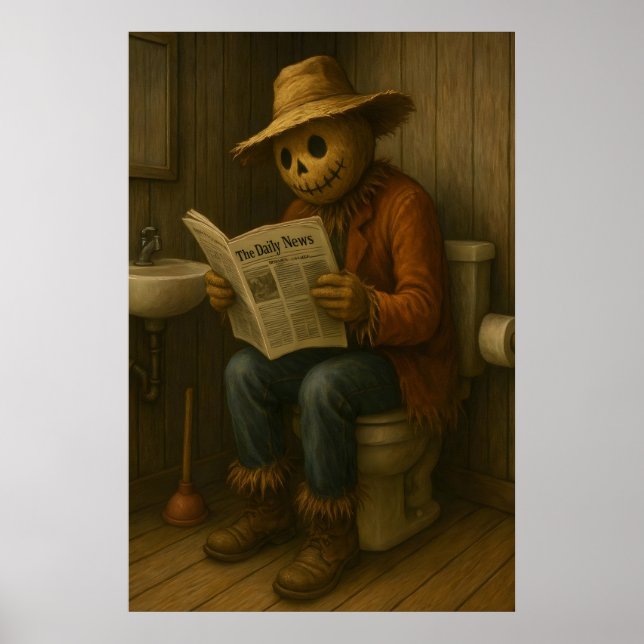 Poster Funny Scarecrow Bathroom Print, Rustic Toilet (Devant)