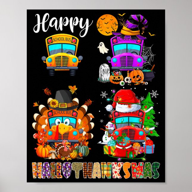 Poster Funny School Bus Witch Turkey Santa Happy Hallotha (Devant)