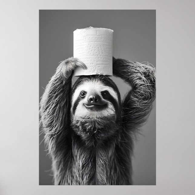 Poster Funny Sloth Bathroom Art Print, Toilet Paper Roll (Devant)