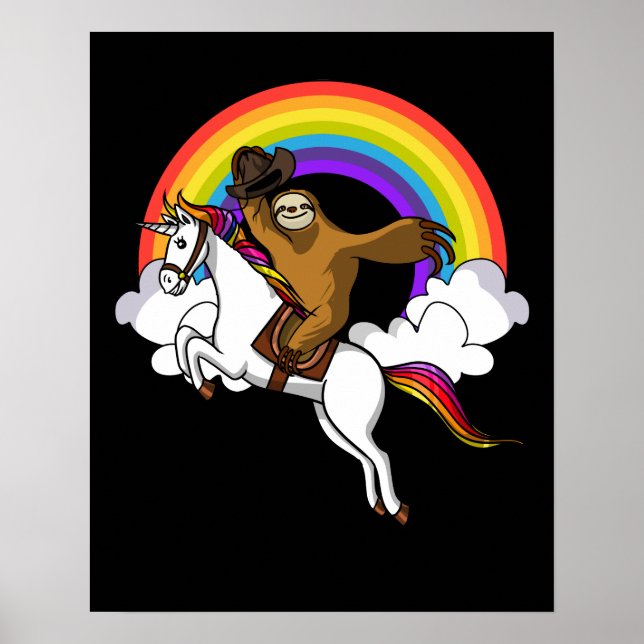 Poster Funny Sloth Cowboy Riding Magique Unicorne Arc en  (Devant)