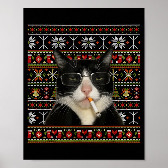 Poster Funny Smoking Cat Meme Christmas Ugly Sweater Cat  (Devant)