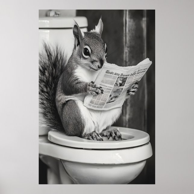 Poster Funny Squirrel Bathroom Print, Reading Newspaper (Devant)