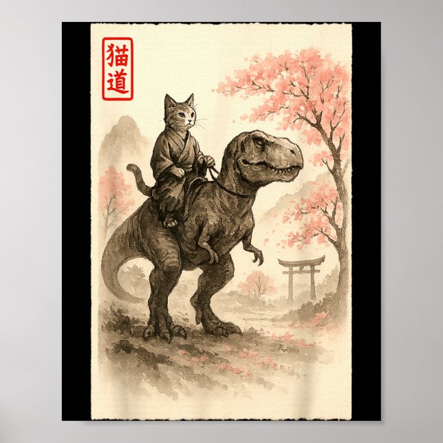 Poster Funny Sumi-e Kawaii Cat Riding Dinosaur Japanese A (Devant)
