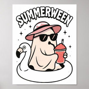 Poster Funny Summerween rose Fantôme Flottant Au Flamant 