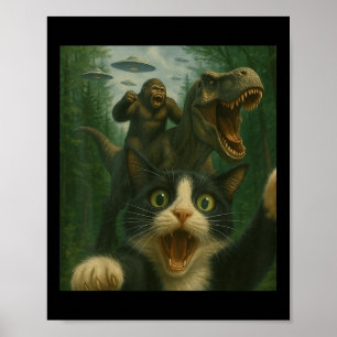 Poster Funny Surprised Chat effrayé Selfie T-rex Dinosaur