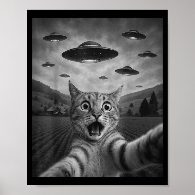 Poster Funny Surprised Ed Cat Selfie With Alien Ufo Cat U (Devant)