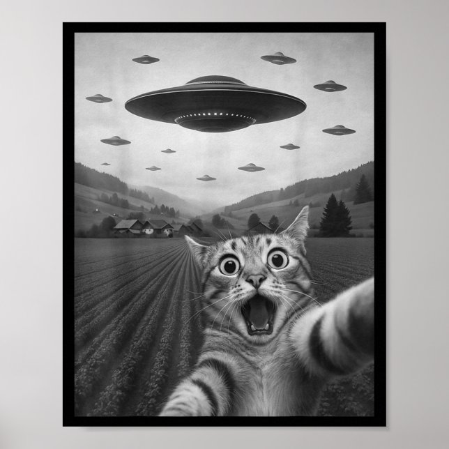 Poster Funny Surprised Ed Cat Selfie With Alien Ufo Cat U (Devant)