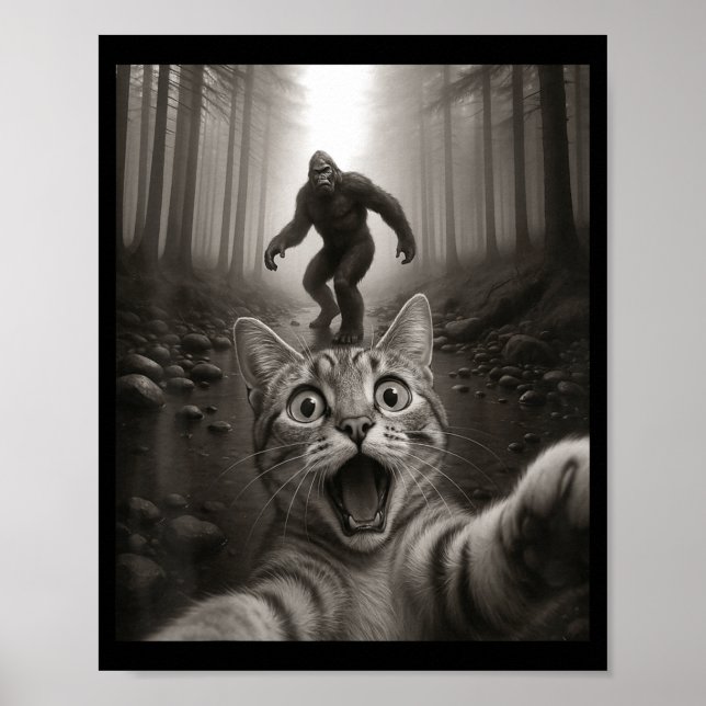 Poster Funny Surprised Ed Cat Selfie With Bigfoot Sasquat (Devant)