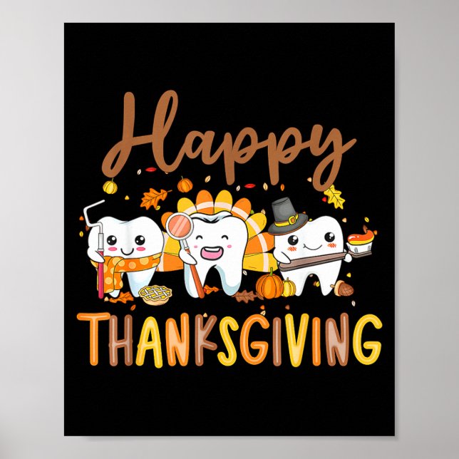 Poster Funny Teeth Thanksgiving Dentist Turkey Dental Squ (Devant)