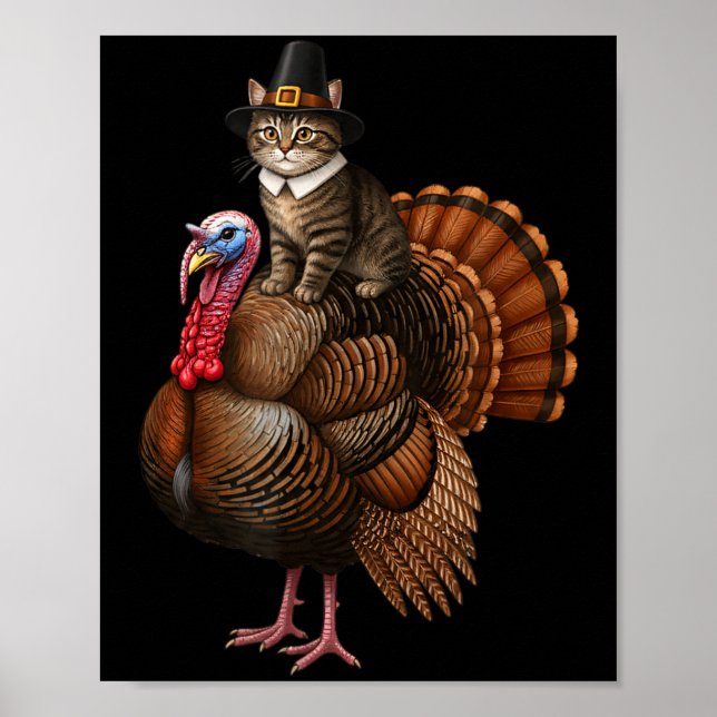 Poster Funny Thanksgiving Cat On Turkey, Lgrim Hat Turkey (Devant)