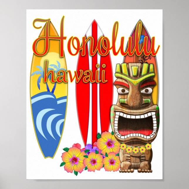 Poster Funny Tiki Honolulu Hawaii Surf (Devant)
