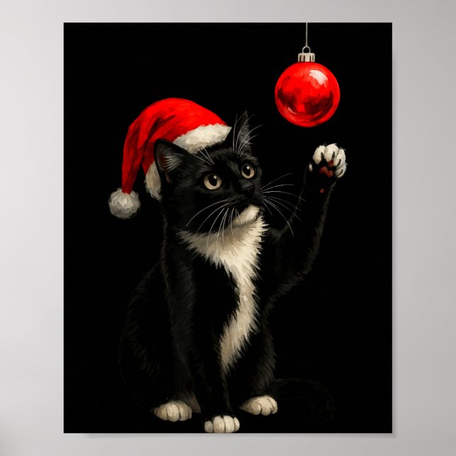 Poster Funny Tuxedo Bauble Cat Santa Hat Red Xmas Christm (Devant)