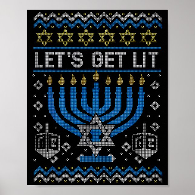 Poster Funny Ugly Hanukkah Sweater Lets Get Lit Menorah J (Devant)