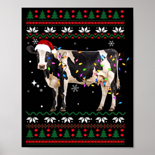 Poster Funny Ugly Xmas Sweater Dairy Cow Farmer Lights Ch (Devant)