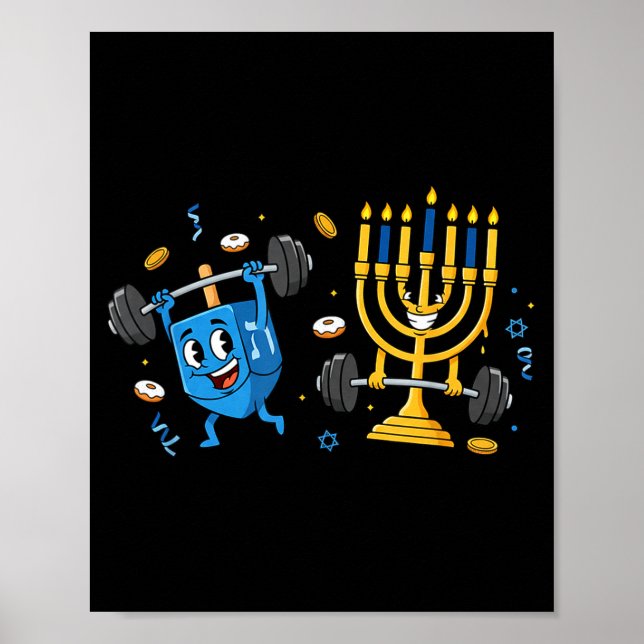 Poster Funny Weightlifting Gym Dreidel Menorah Hanukkah W (Devant)