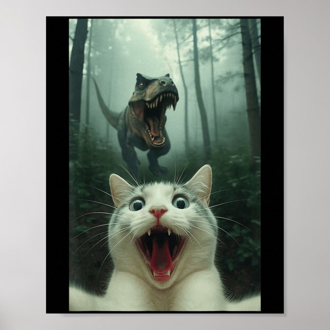 Poster Funny White Cat Selfie With T-rex Dinosaur, Cat Ki (Devant)