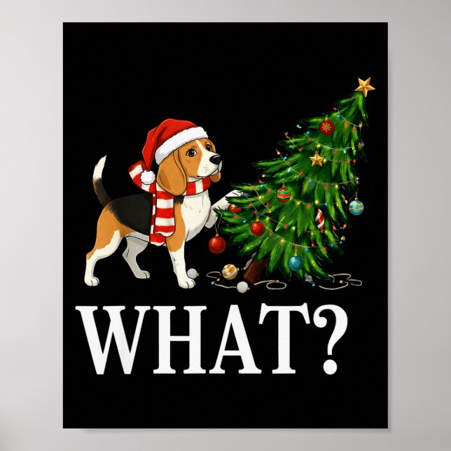 Poster Funny Xmas Beagle Pushing Christmas Tree Over Dog  (Devant)