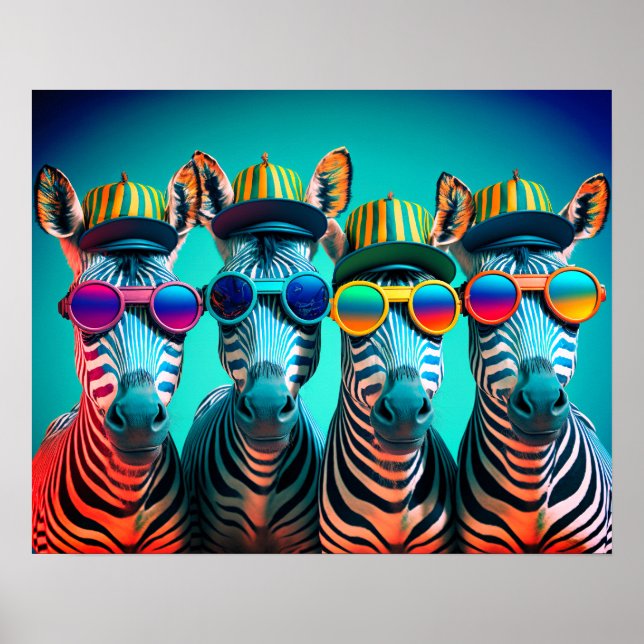 Poster Funny Zebras mignon Zoo Animaux Lunettes Casquette (Devant)