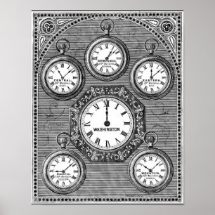 Poster Fuseaux horaires du monde de l'art vintage - affic