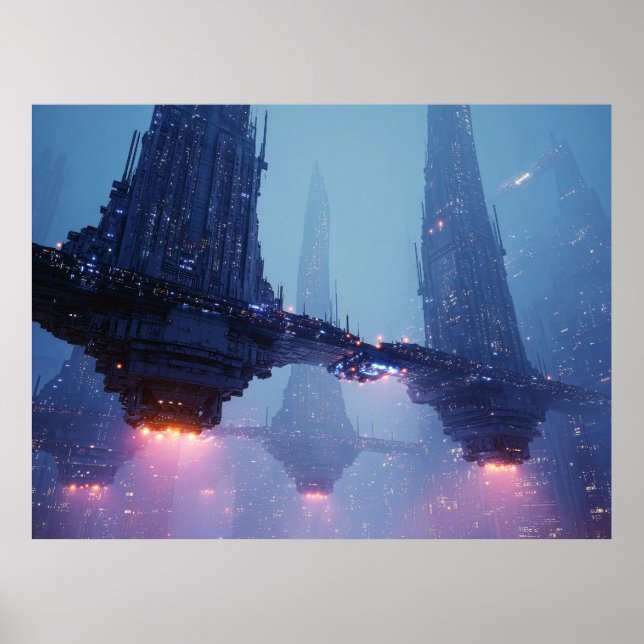 Poster Futuristic Cityscape with Hovering Structures (Devant)