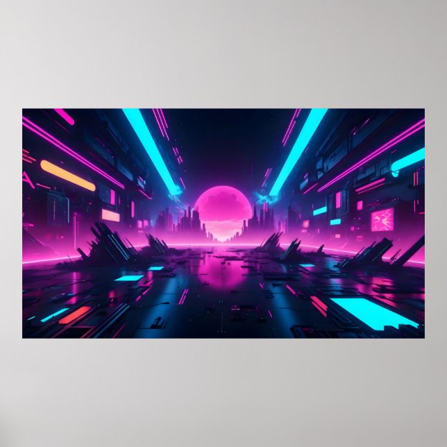 Poster Futuristic Neon Vaporwave City Horizon Synthwave (Devant)