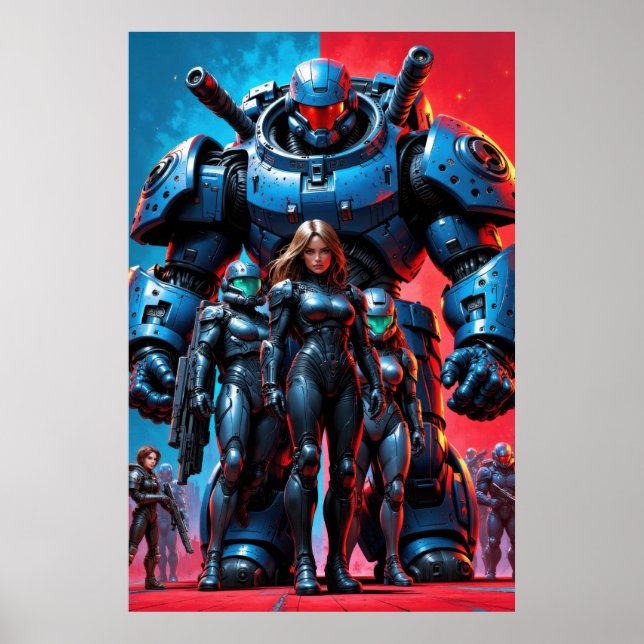 Poster Futuristic soldiers and armored robot in a science (Devant)