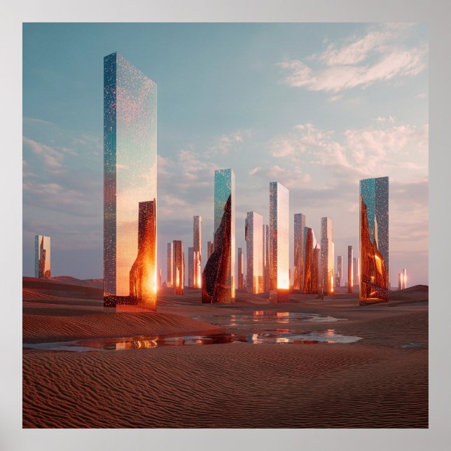 Poster Futuristic Surreal Mirror Towers In Desert (Devant)
