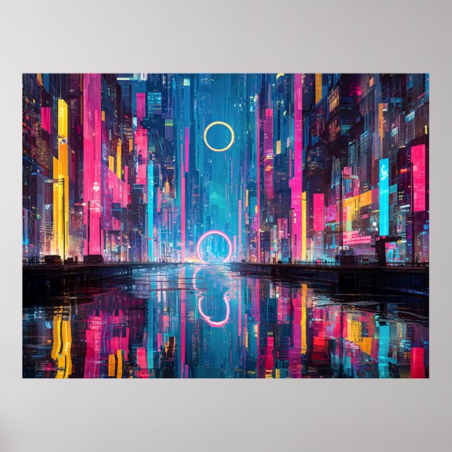 Poster Futuristic Vibrant Neon Night Cityscape (Devant)