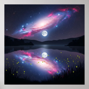 Poster Galaxie au-dessus d'un lac éclairé par la lune ave
