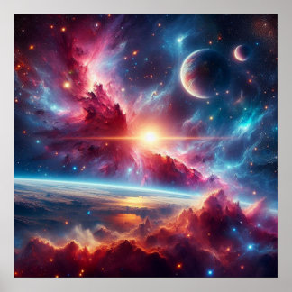 Poster Galaxie céleste : nébuleuses vibrantes et mondes l