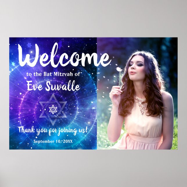 Poster Galaxy Blue Purple Bar Bat mitzvah Photo Bienvenue (Devant)