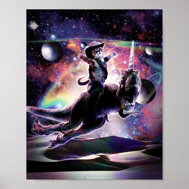 Poster Galaxy Chat Sur Dinosaur Unicorn Dans L'Espace (Devant)