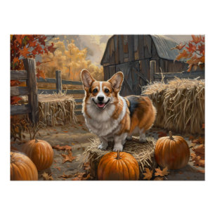Poster Gallois Corgi Autumn Citrouille Farm