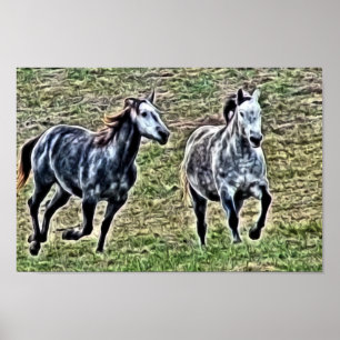 Poster Galloping Grey Horses