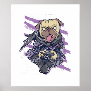 Poster Gamer Pug Ninja Neon Look Teens Graphic