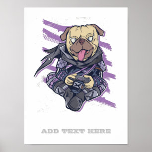 Poster Gamer Pug Ninja Neon Look Teens Graphic