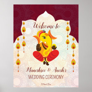 Poster Ganesha avec guirlandes jaunes frontière lotus bie