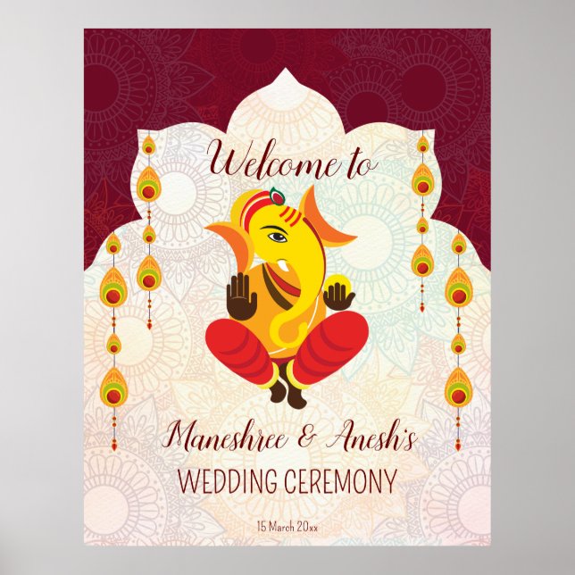 Poster Ganesha avec guirlandes jaunes frontière lotus bie (Devant)