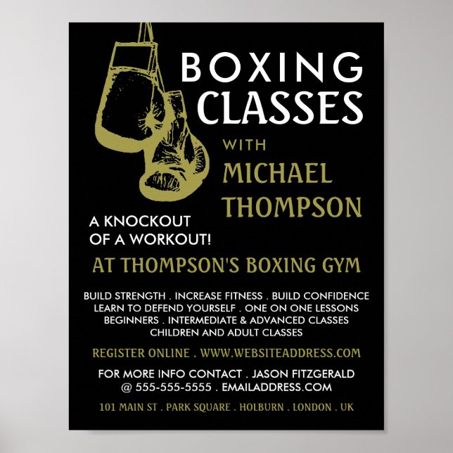 Poster Gants de boxe Noir & Or, Classe de boxe Advert (Devant)