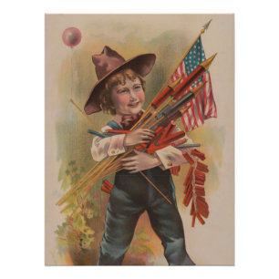 Poster Garçon avec Feux d'Artifice, Drapeau Américain, Im