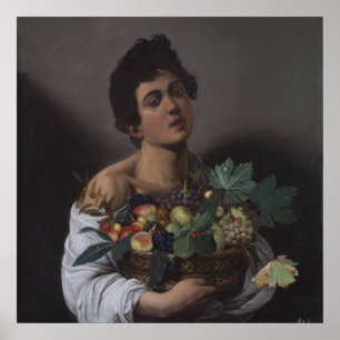 Poster Garçon avec un panier de fruits