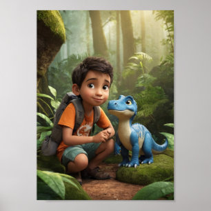 Poster Garçon aventureux et dinosaure amical